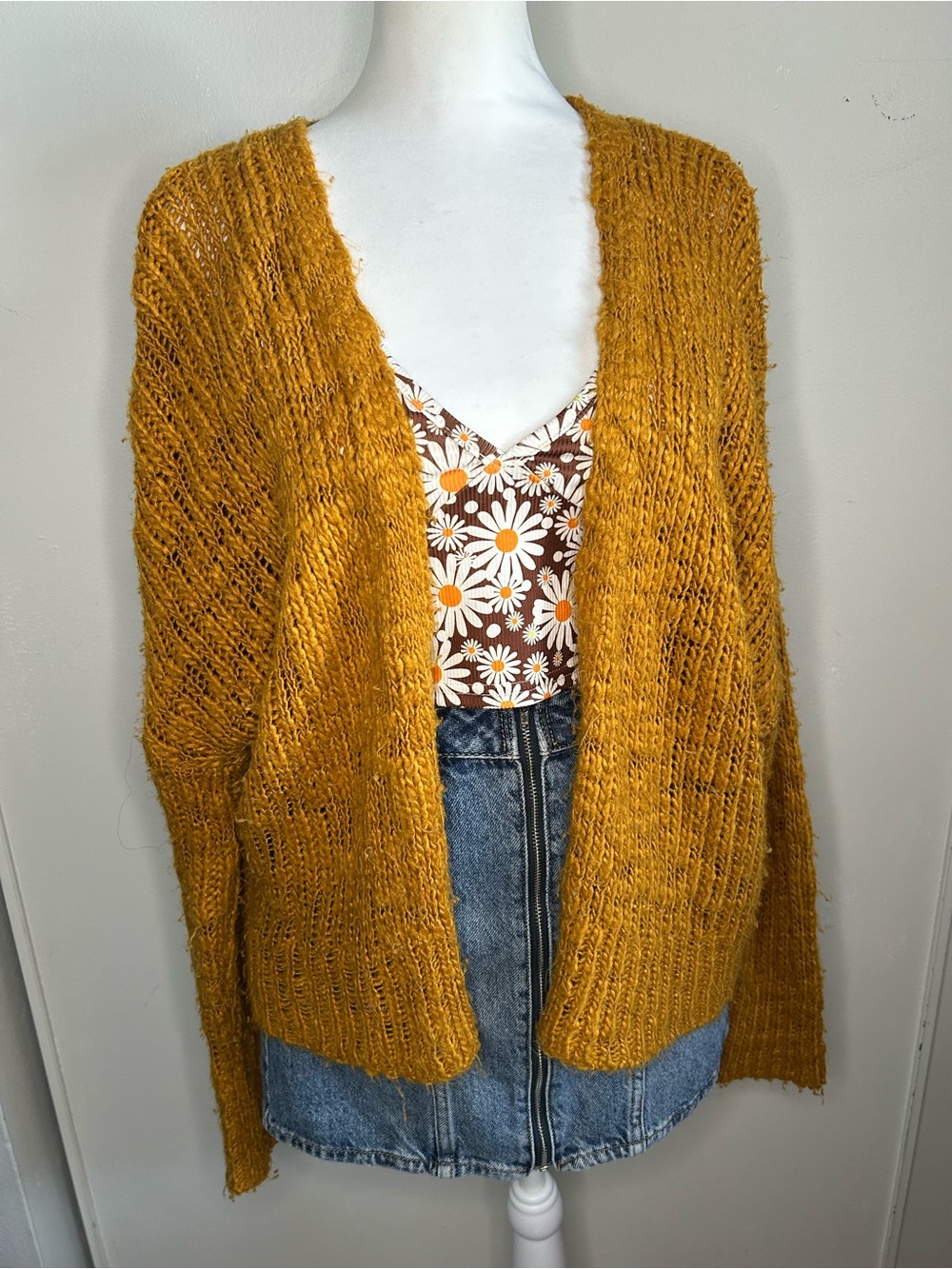 LA Hearts Oversized Boho Fuzzy Knit Cardigan Sweater in Mustard Gold
